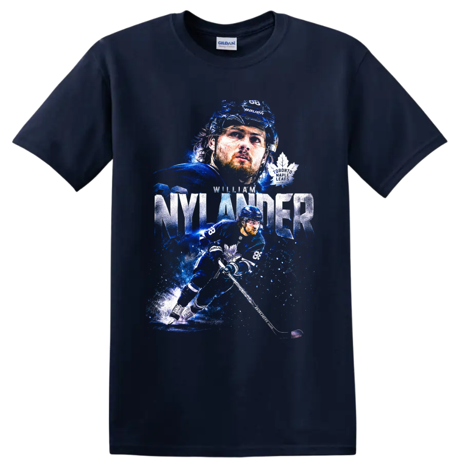 William Nylander Toronto Maple Leafs icy blue hockey action graphic with No. 88 on a Navy (Blue) T Shirt