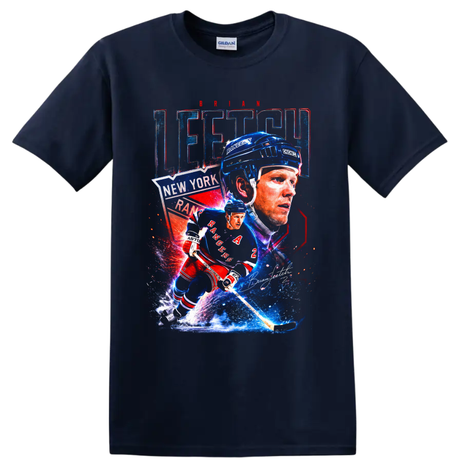 Brian Leetch New York Rangers retro hockey collage with action pose and signature on a Navy (Blue) T Shirt