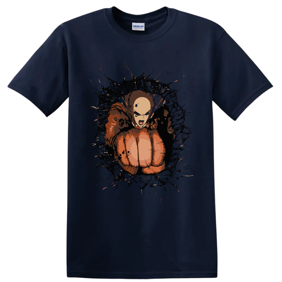 Saitama in a distressed anime action graphic from One-Punch Man on a Navy (Blue) T Shirt