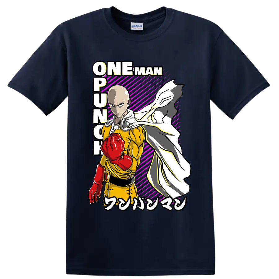 Saitama One-Punch Man action graphic with red glove, flowing cape, and magenta stripes on a Navy (Blue) T Shirt