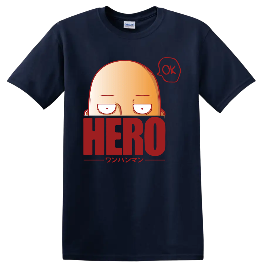 Saitama peeking over HERO lettering in a bold One-Punch Man cartoon graphic on a Navy (Blue) T Shirt