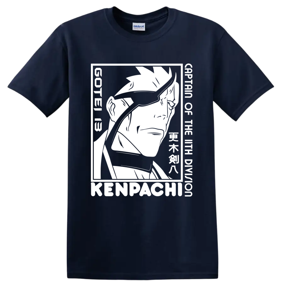 Kenpachi Zaraki black-and-white manga-style swordsman portrait graphic on a Navy (Blue) T Shirt