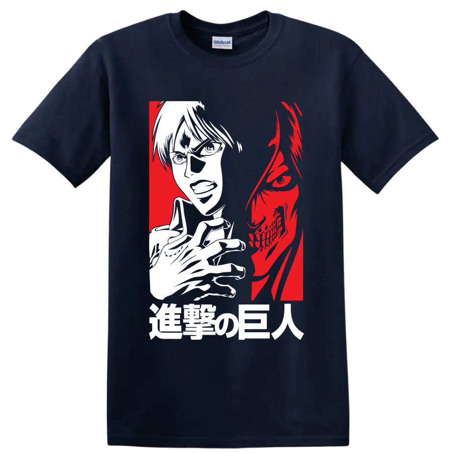 Eren Yeager and Attack Titan split-profile anime graphic on a Navy (Blue) T Shirt