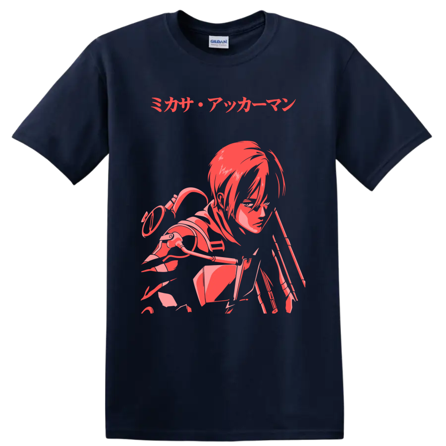 Mikasa Ackerman Attack on Titan red and pink anime action graphic with Japanese text on a Navy (Blue) T Shirt