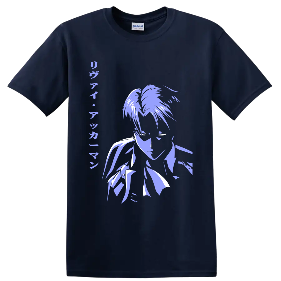 Levi Ackerman lavender and white manga-style portrait graphic from Attack on Titan on a Navy (Blue) T Shirt