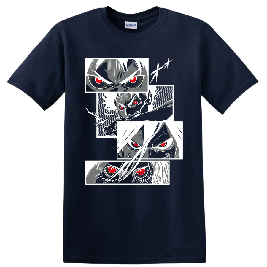 Eren Yeager Attack on Titan manga portrait collage with intense red-eyed faces on a Navy (Blue) T Shirt