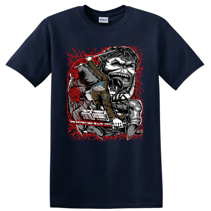 Levi Ackerman battling the Beast Titan in red splatter Attack on Titan manga art on a Navy (Blue) T Shirt