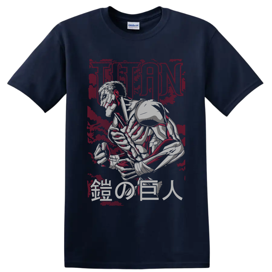 Armored Titan crouching in distressed manga art with TITAN and Japanese characters on a Navy (Blue) T Shirt
