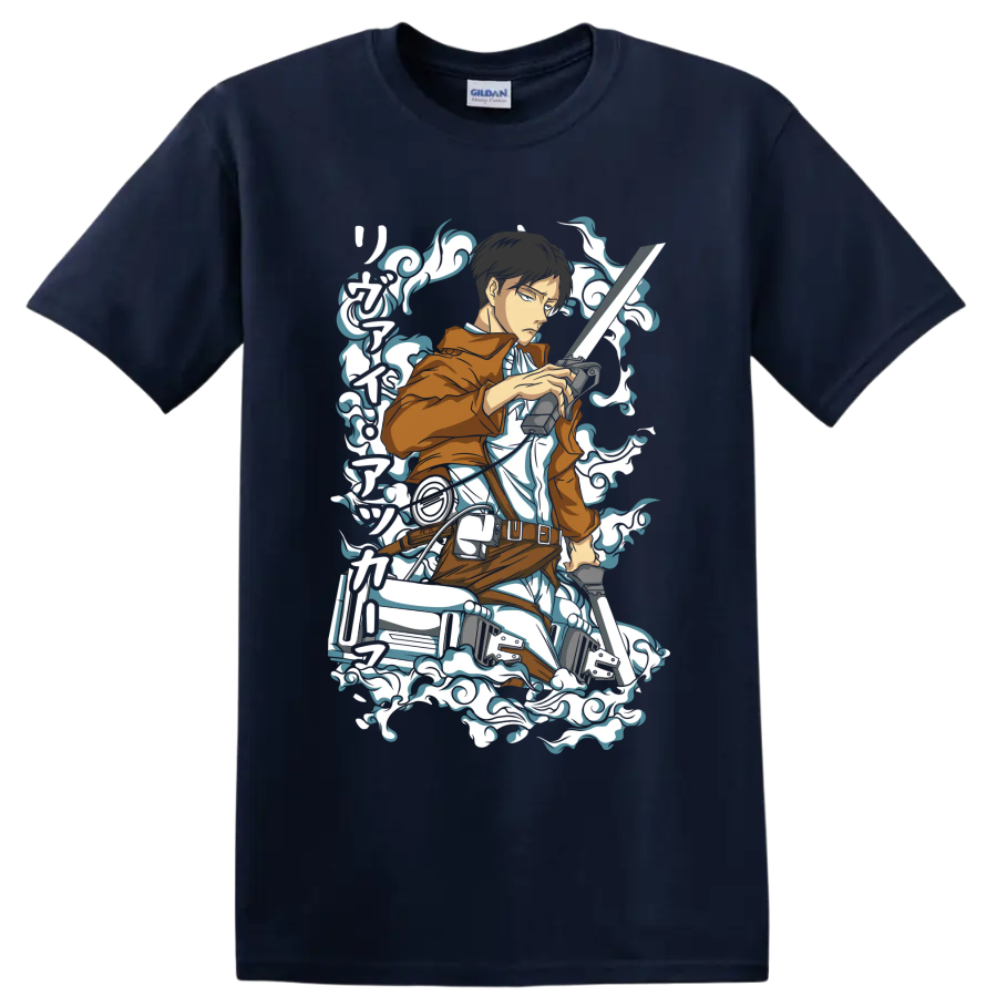 Levi Ackerman Scout Regiment action graphic with blades and swirling smoke accents on a Navy (Blue) T Shirt