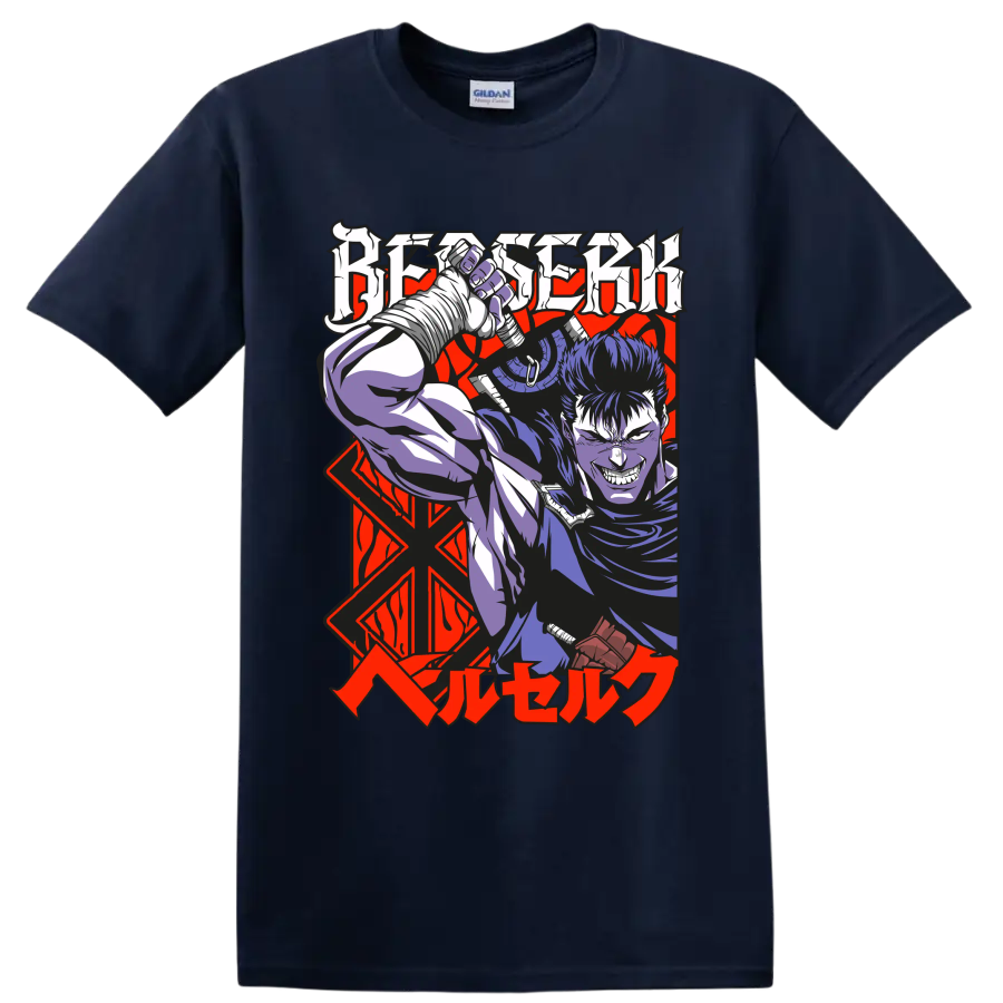 Guts from Berserk wielding a massive sword in bold gothic anime art on a Navy (Blue) T Shirt