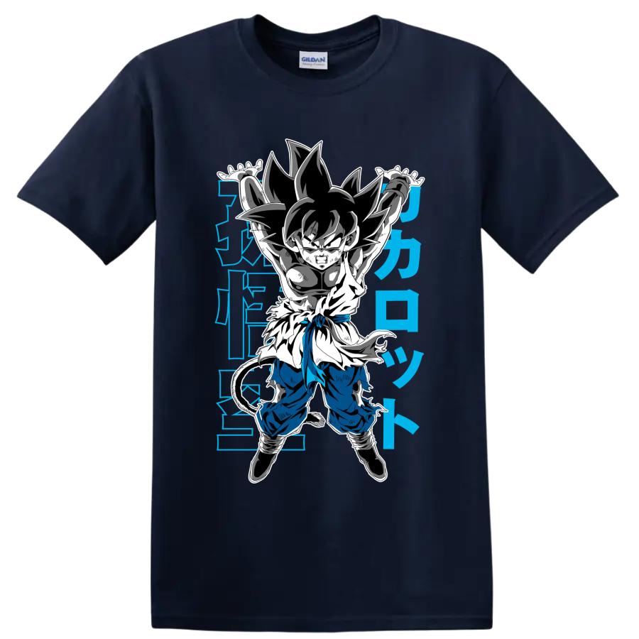 Kid Goku in a Genki Dama-inspired manga action pose with blue Japanese-style characters on a Navy (Blue) T Shirt