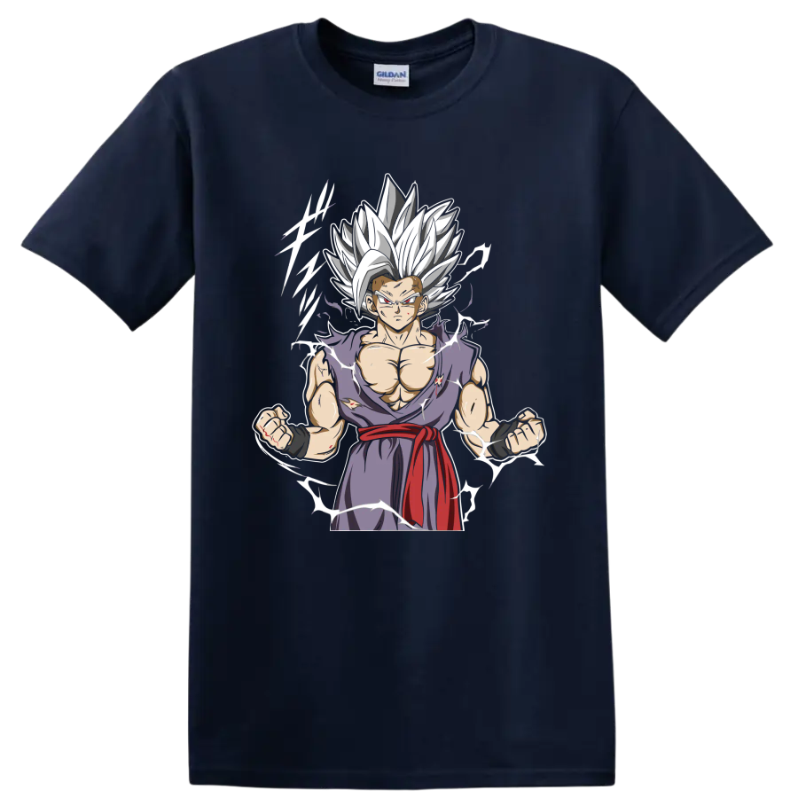 Gohan Beast anime graphic with white hair, torn purple gi, red sash, and energy accents on a Navy (Blue) T Shirt