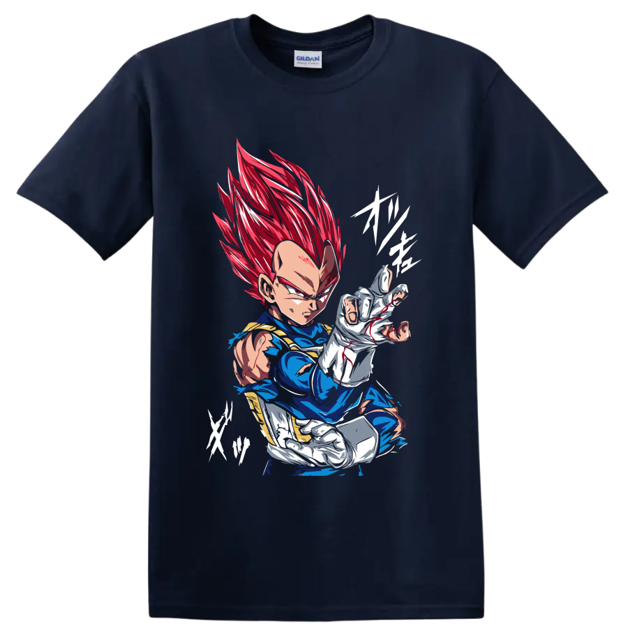 Vegeta Super Saiyan God in a fierce red-haired anime battle pose on a Navy (Blue) T Shirt