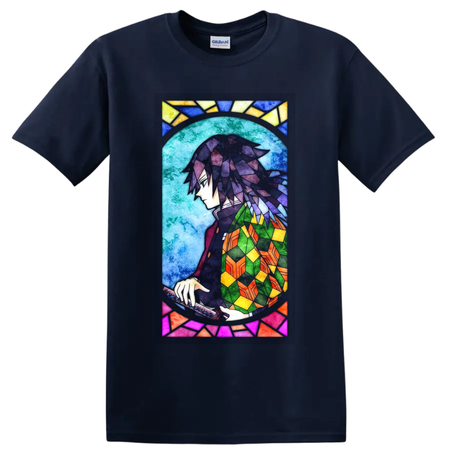 Giyu Tomioka stained-glass-style anime portrait with sword and colorful haori on a Navy (Blue) T Shirt