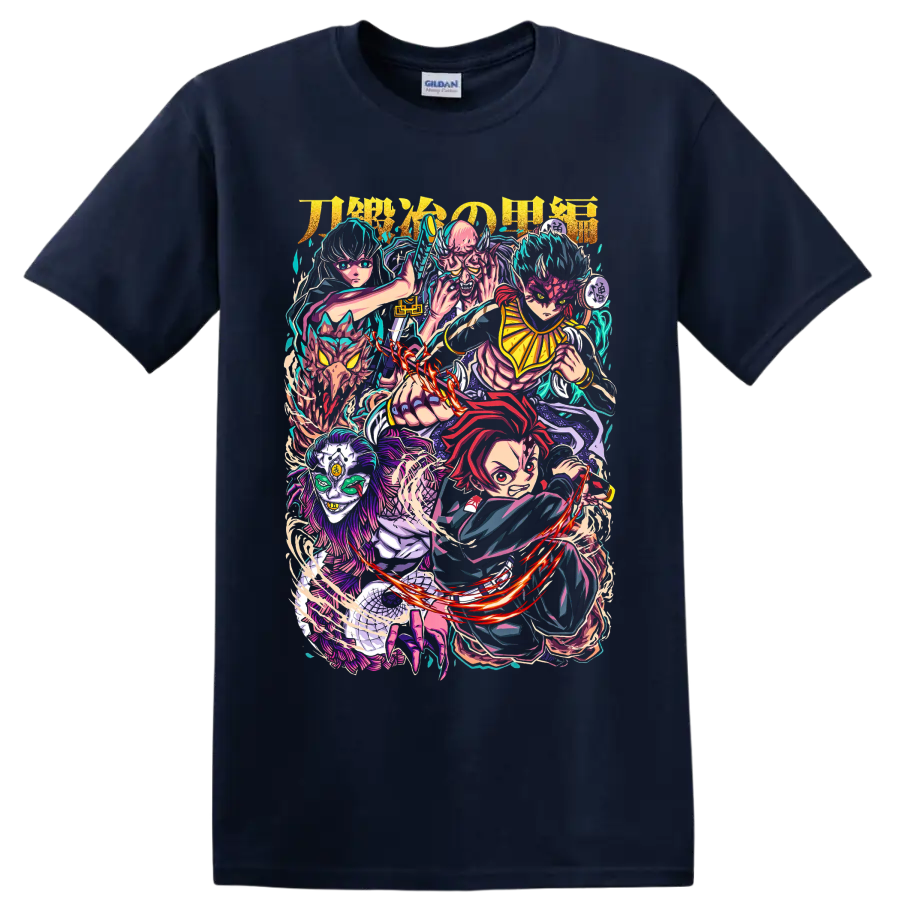 Tanjiro Kamado, Muichiro Tokito, and Hantengu in a vivid manga character collage on a Navy (Blue) T Shirt