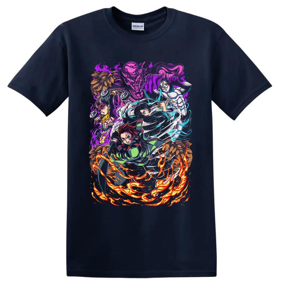 Demon Slayer Swordsmith Village anime battle art with Tanjiro, Hashira, and demons on a Navy (Blue) T Shirt