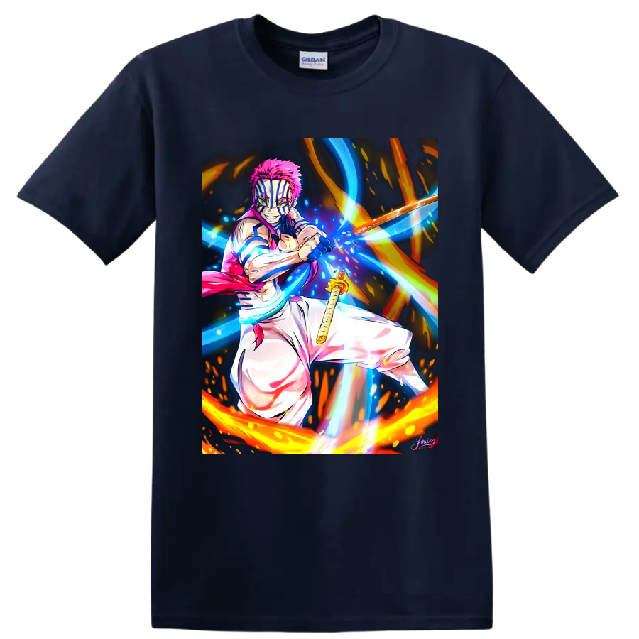 Akaza anime battle art with blue energy streaks, fiery arcs, and a sword on a Navy (Blue) T Shirt