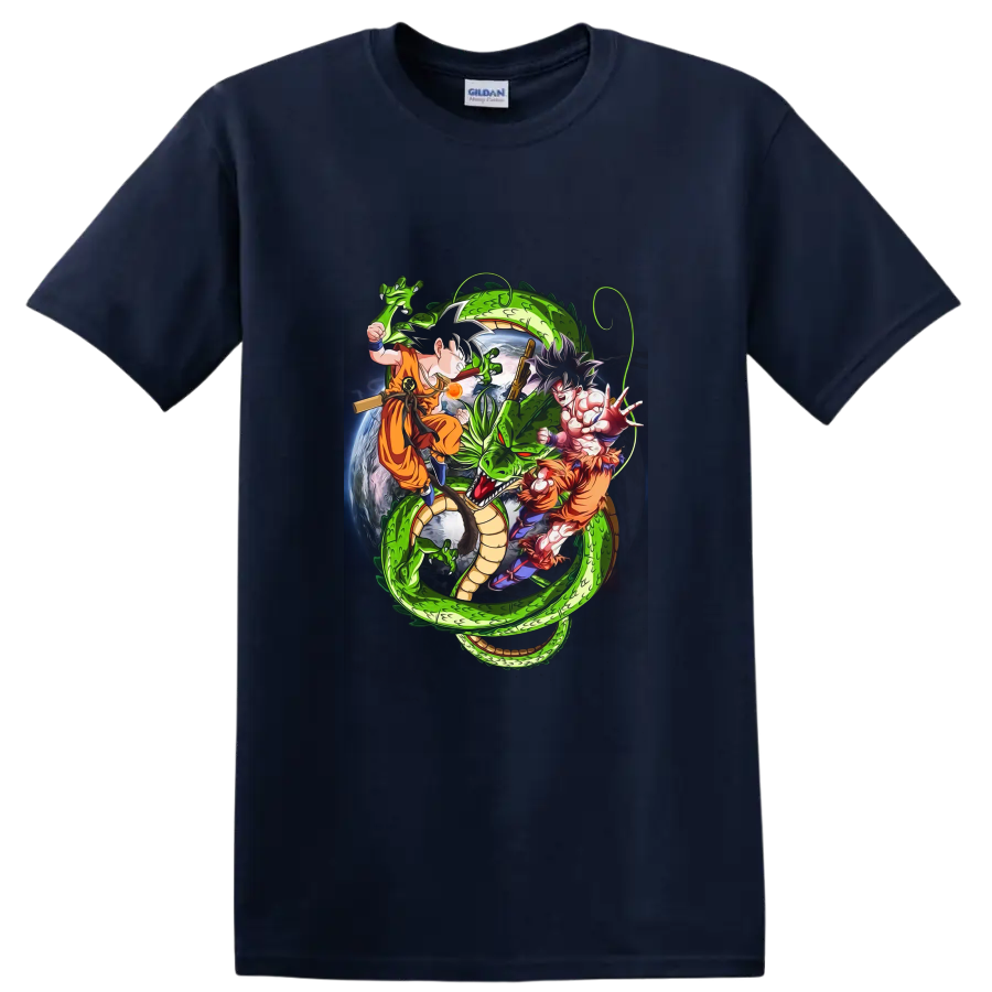 Goku and Shenron Dragon Ball manga-style action graphic with a cosmic Earth backdrop on a Navy (Blue) T Shirt