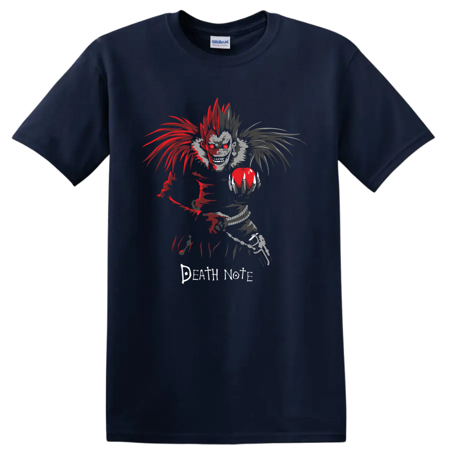 Ryuk holding an apple in distressed red and gray Death Note gothic anime art on a Navy (Blue) T Shirt