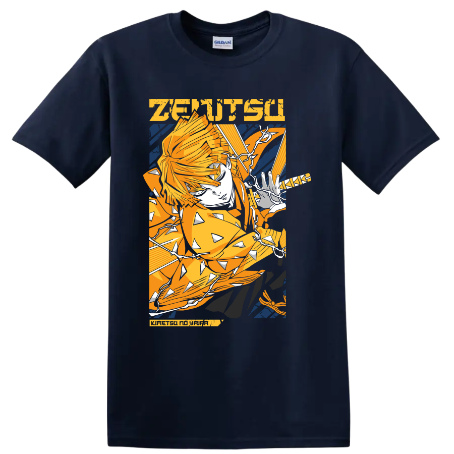Zenitsu Agatsuma lightning-inspired anime action graphic on a Navy (Blue) T Shirt
