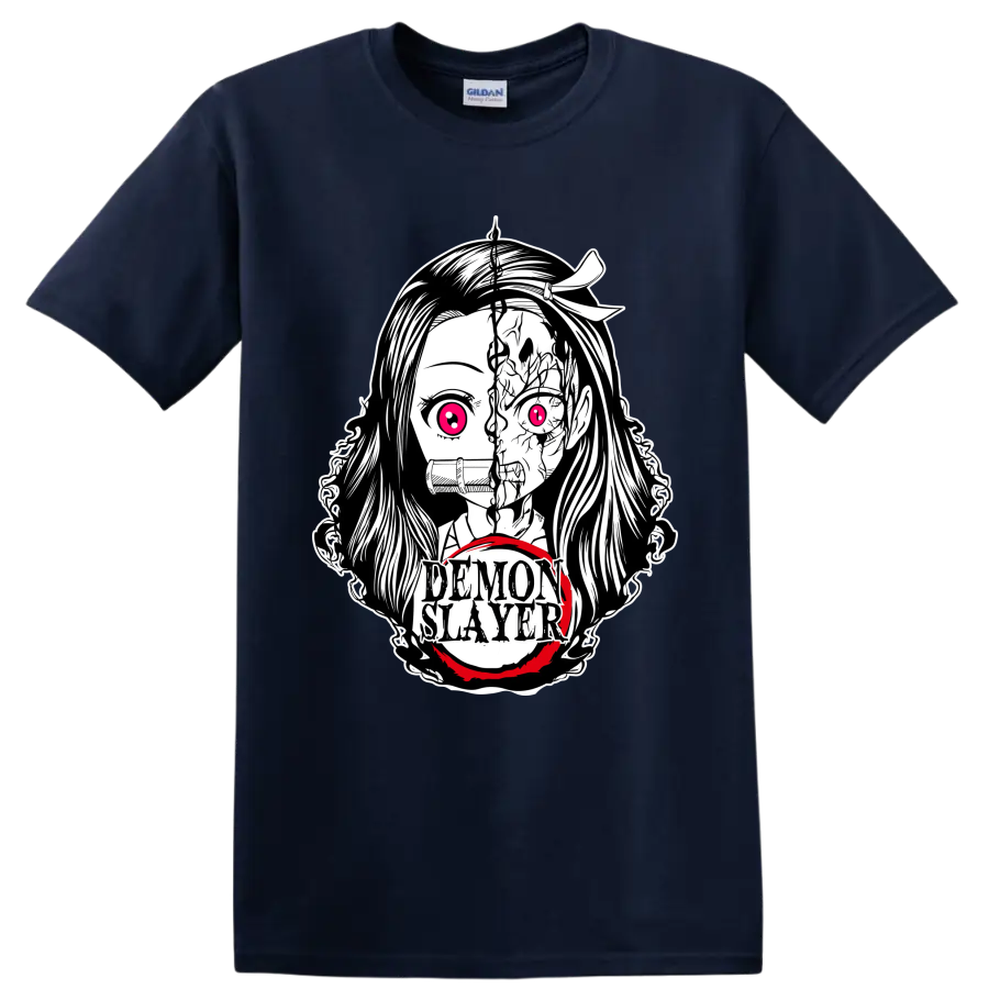 Nezuko Kamado split demon-form manga portrait with bamboo muzzle and Demon Slayer text on a Navy (Blue) T Shirt