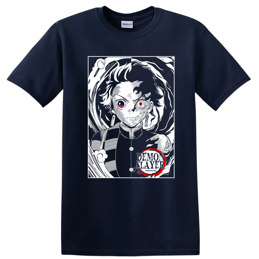 Rui from Demon Slayer in a high-contrast monochrome portrait with red accents on a Navy (Blue) T Shirt