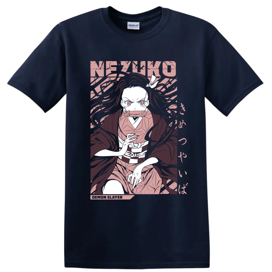Nezuko Kamado manga-style portrait with flowing hair and bamboo muzzle on a Navy (Blue) T Shirt