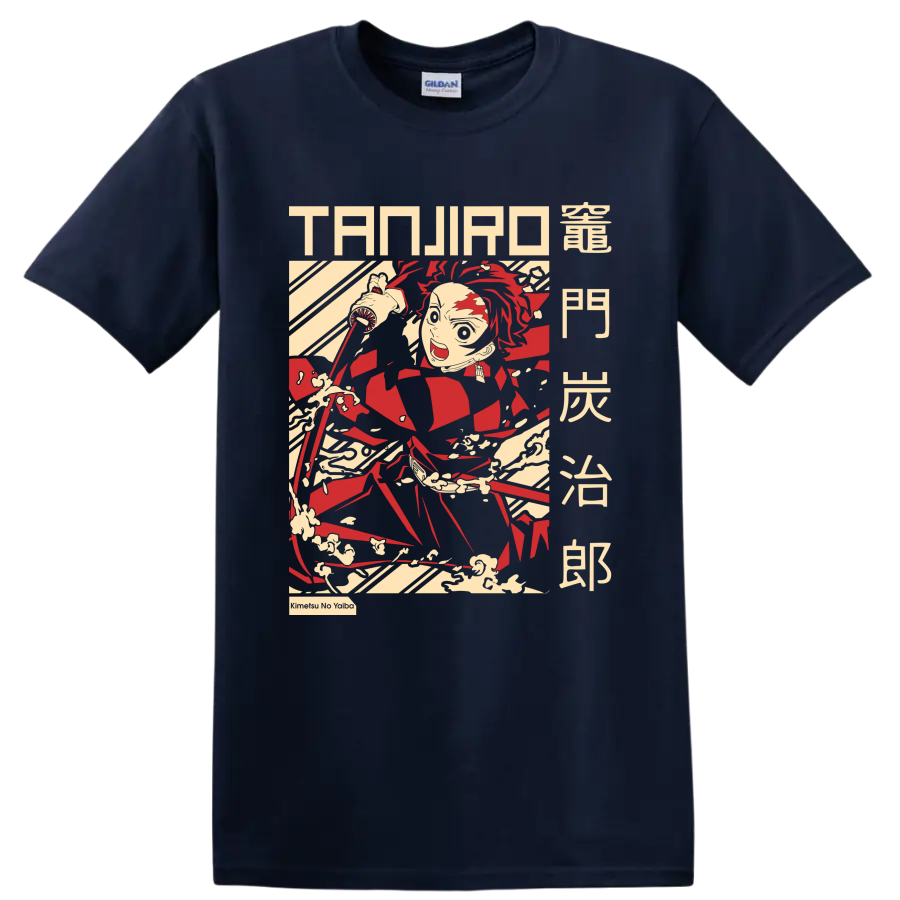 Tanjiro Kamado katana action graphic with manga lettering and sweeping motion lines on a Navy (Blue) T Shirt