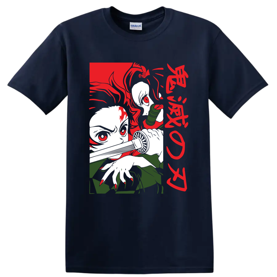 Tanjiro and Nezuko Kamado manga-style graphic with Nezuko's bamboo muzzle on a Navy (Blue) T Shirt