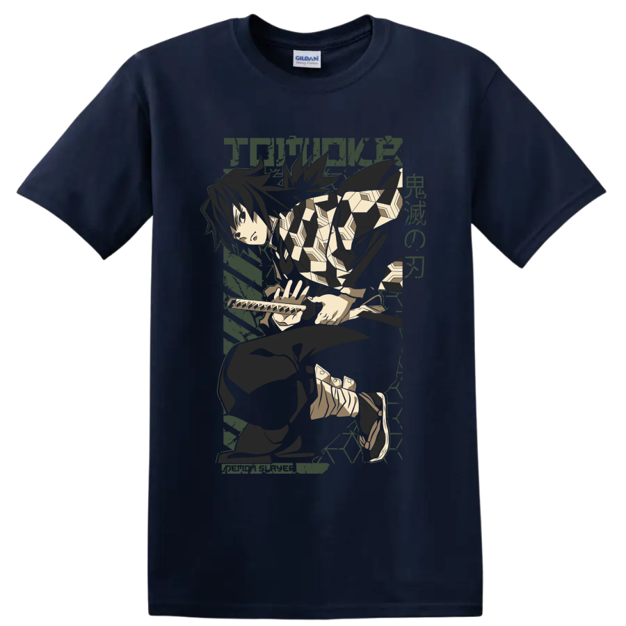 Giyu Tomioka seated with sword in a muted geometric anime graphic on a Navy (Blue) T Shirt