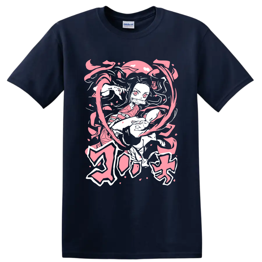 Nezuko Kamado manga-style portrait with pink petals and flowing ribbon shapes on a Navy (Blue) T Shirt