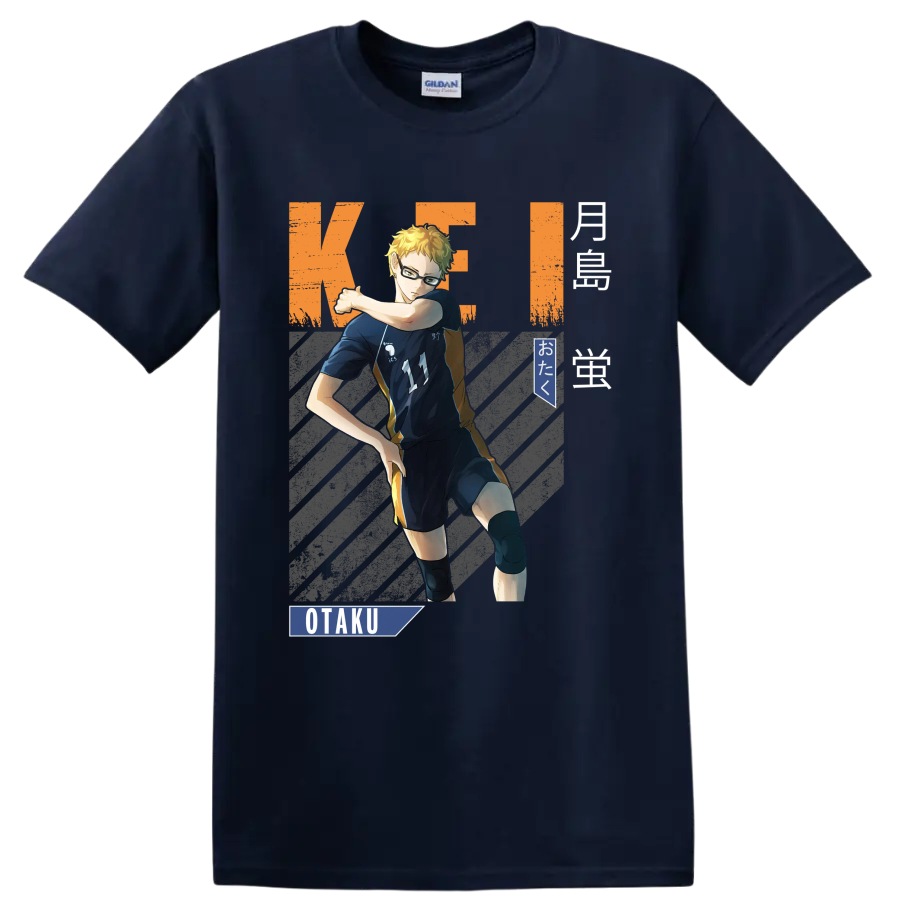 Kei Tsukishima volleyball anime graphic with Karasuno number 11 and OTaku text on a Navy (Blue) T Shirt