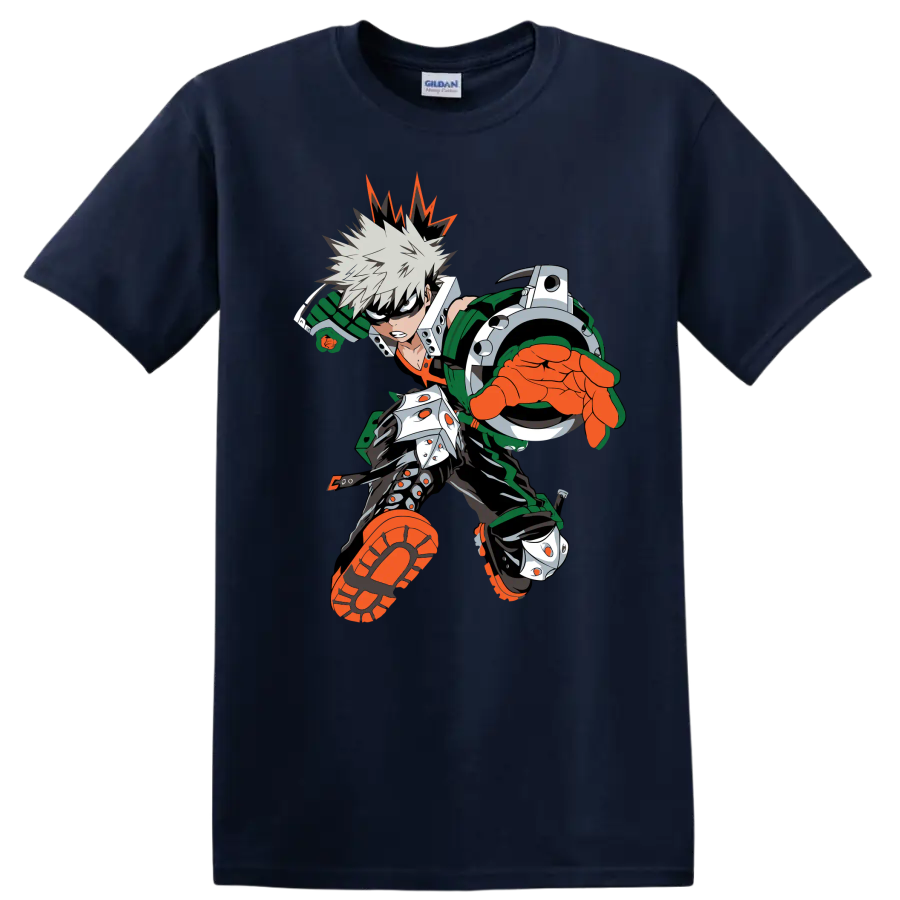 Katsuki Bakugo as Dynamight in a bold forward-charging anime action graphic on a Navy (Blue) T Shirt