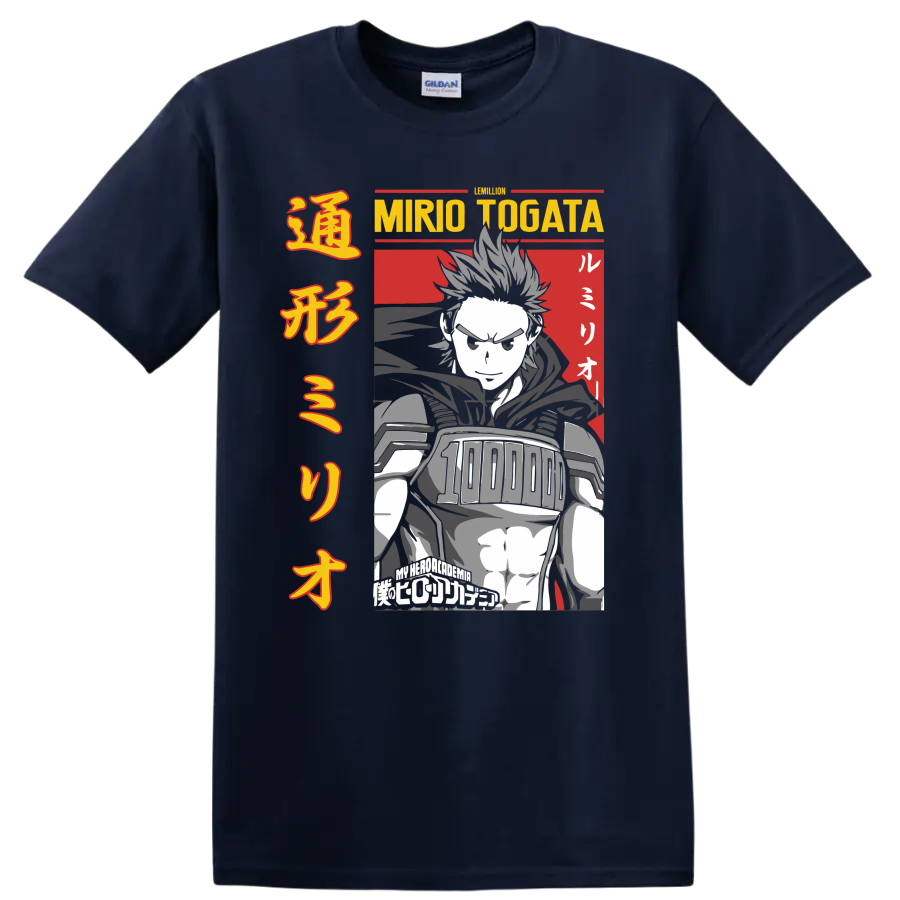 Mirio Togata Lemillion manga-style hero portrait with bold Japanese-inspired typography on a Navy (Blue) T Shirt