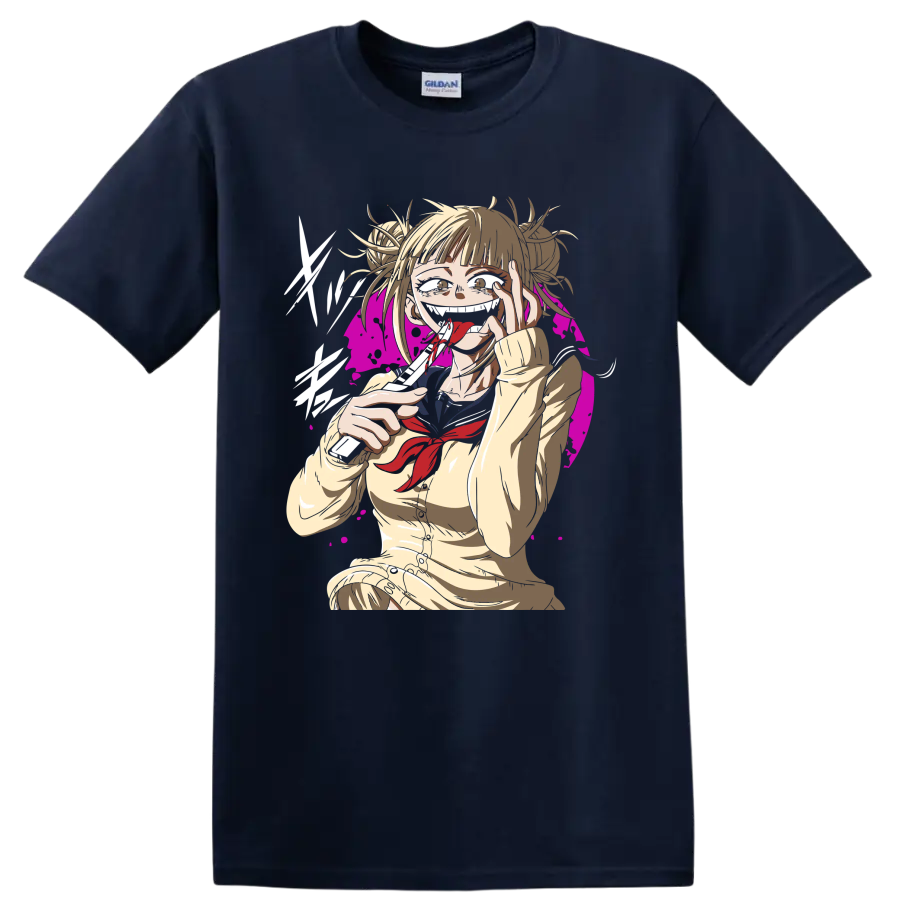Himiko Toga anime illustration with blood accents and magenta splatter backdrop on a Navy (Blue) T Shirt