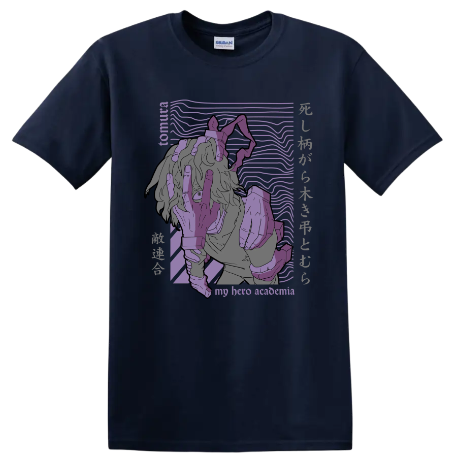 Tomura Shigaraki purple manga-style portrait with signature hand imagery on a Navy (Blue) T Shirt