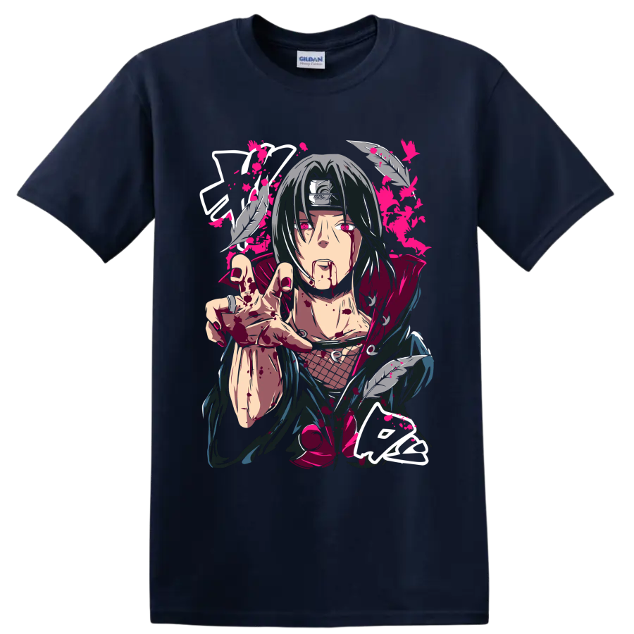 Itachi Uchiha dark manga portrait with feathers, crimson splatter, and pink accents on a Navy (Blue) T Shirt