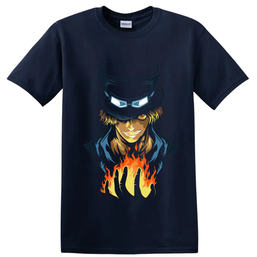 Sabo One Piece anime portrait with tall hat, goggles, blue coat, and rising flames on a Navy (Blue) T Shirt