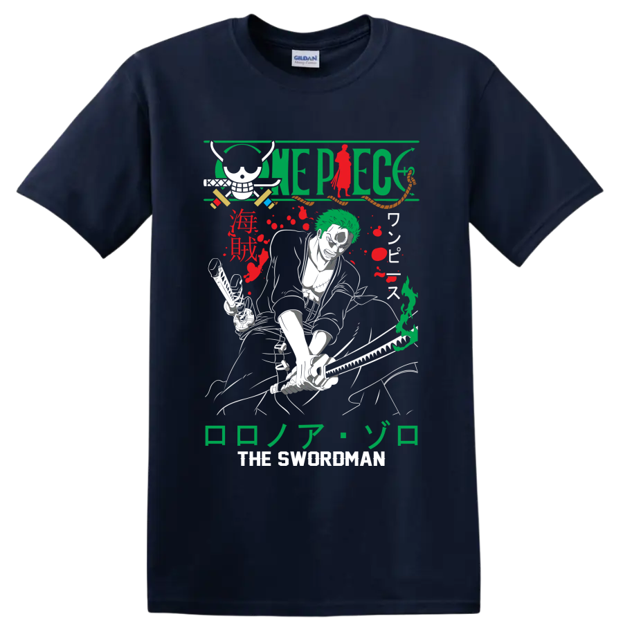 Roronoa Zoro One Piece manga swordsman graphic with skull, swords, and Japanese lettering on a Navy (Blue) T Shirt