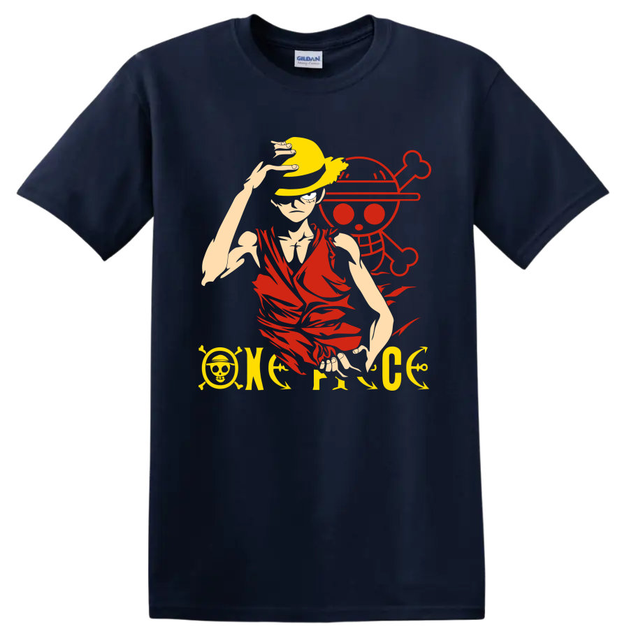 Monkey D. Luffy in a straw hat before a pirate skull anime graphic on a Navy (Blue) T Shirt