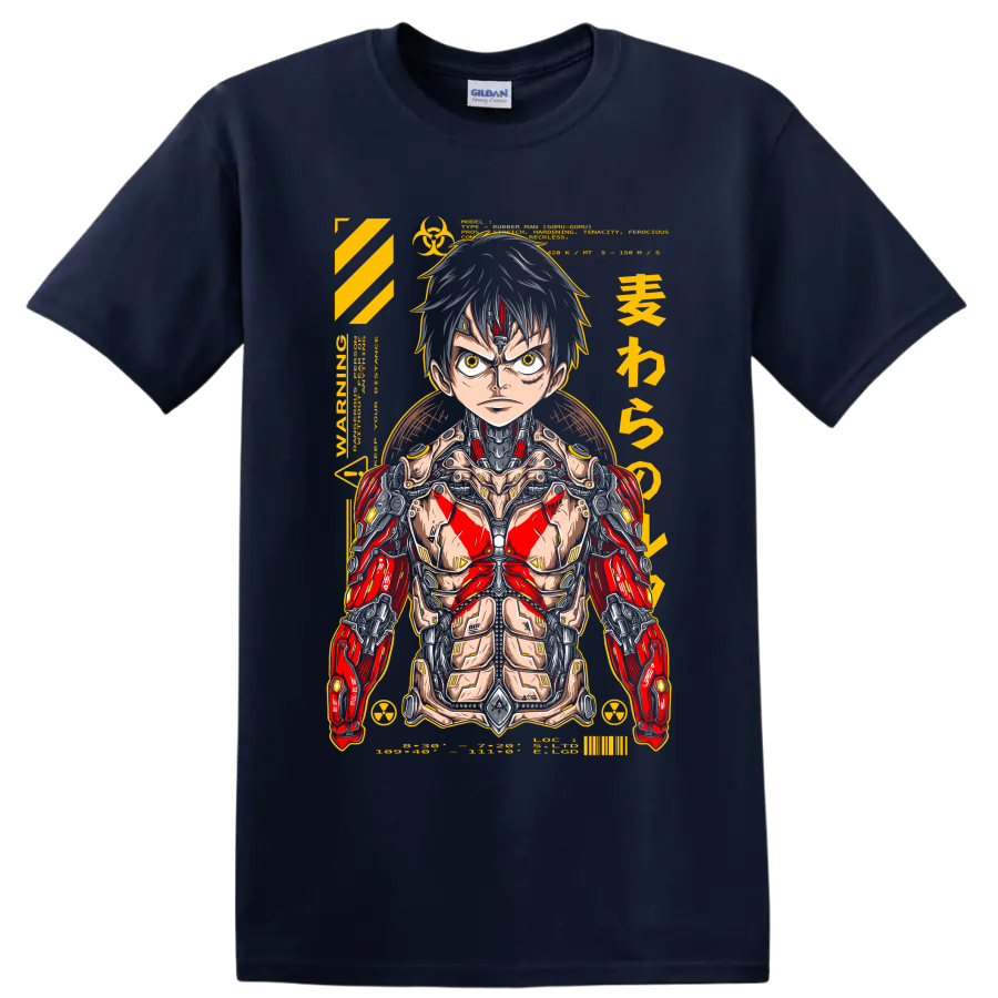 Monkey D. Luffy cyborg mecha manga portrait with red armor and yellow technical accents on a Navy (Blue) T Shirt