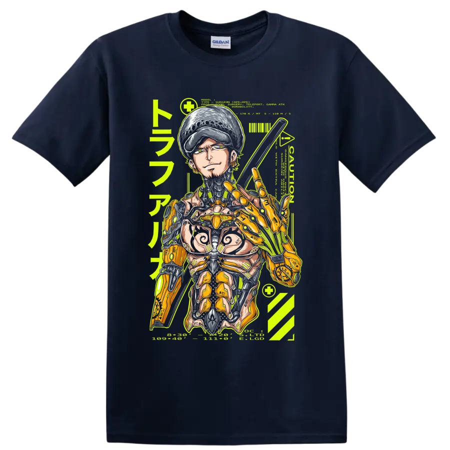 Trafalgar Law cyborg mecha manga graphic with sword and mechanical armor on a Navy (Blue) T Shirt