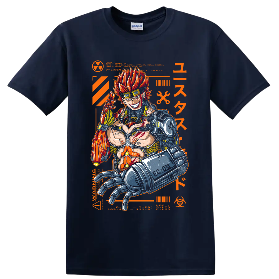 Eustass Kid with mechanical arm in fiery orange cyberpunk manga graphic on a Navy (Blue) T Shirt