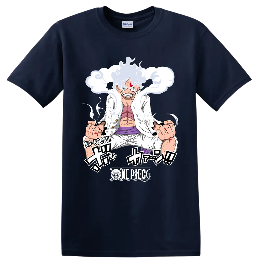 Monkey D. Luffy Gear 5 manga action art with swirling cloud effects on a Navy (Blue) T Shirt