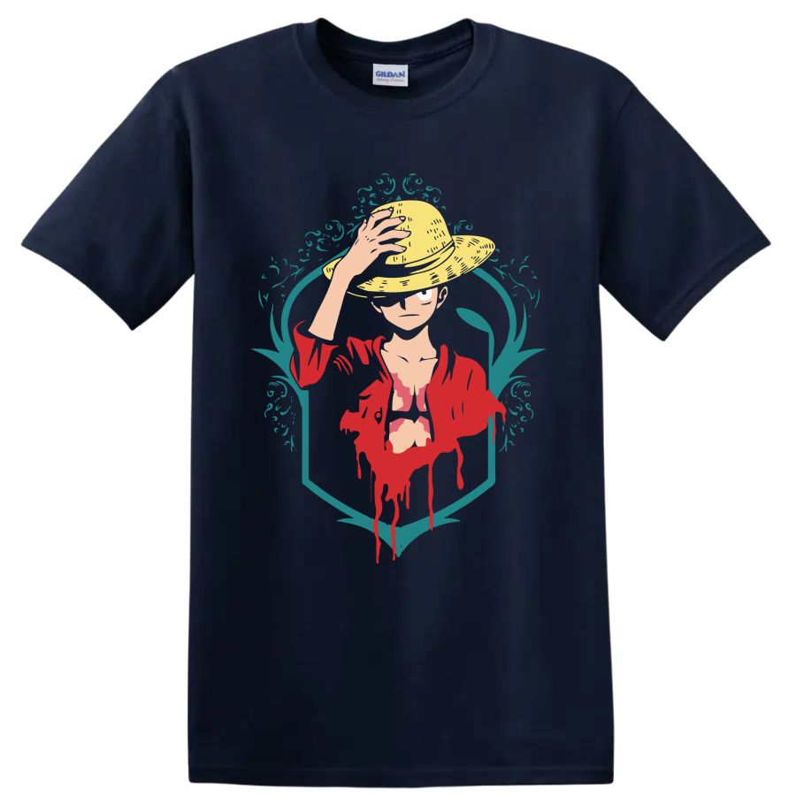 Monkey D. Luffy straw hat portrait in red jacket with teal ornamental graphic frame on a Navy (Blue) T Shirt