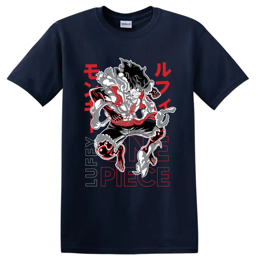 Monkey D. Luffy Gear 4 Snakeman manga-style action graphic with smoke effects on a Navy (Blue) T Shirt