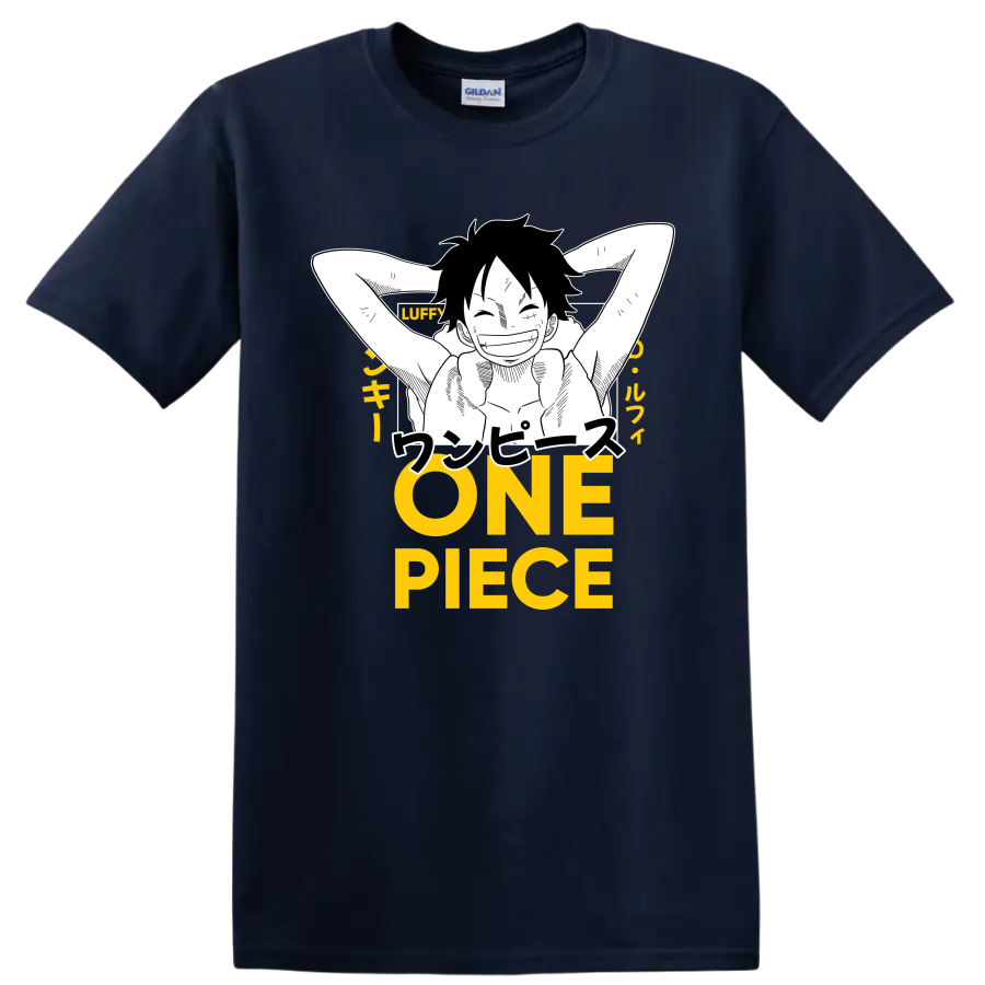 Monkey D. Luffy relaxed manga line art with Japanese text and yellow ONE PIECE lettering on a Navy (Blue) T Shirt