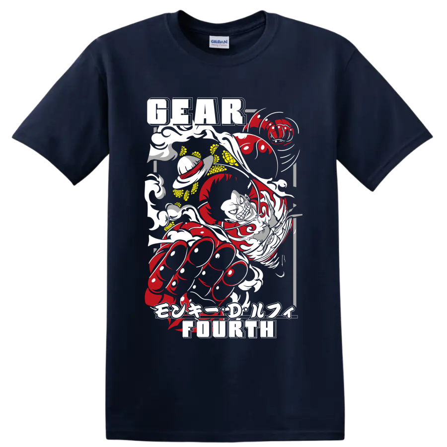 Monkey D. Luffy Gear Fourth distressed red and gray manga action graphic on a Navy (Blue) T Shirt