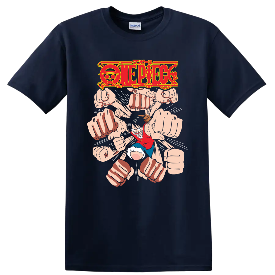 Monkey D. Luffy Gomu Gomu no Gatling manga graphic with One Piece logo and flying fists on a Navy (Blue) T Shirt