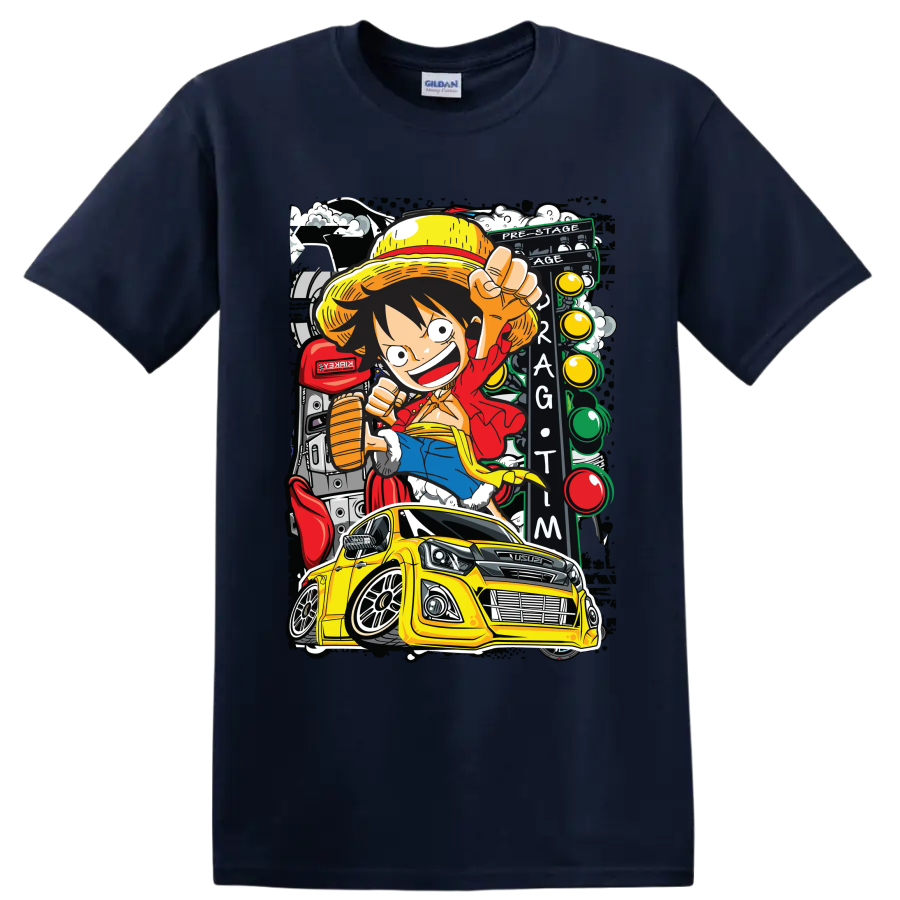 Monkey D. Luffy anime art with yellow Isuzu pickup and Thailook racing scene on a Navy (Blue) T Shirt